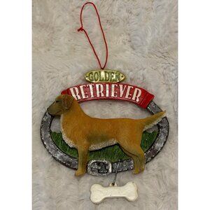 Golden Retriever Hanging Ornament w/Dog Bone Attachment Polyresin 5" Tall